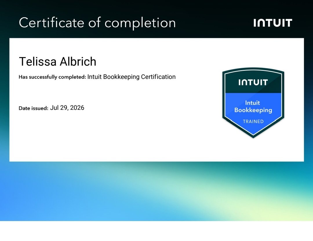 Intuit Bookkeeping certification badge — Telissa